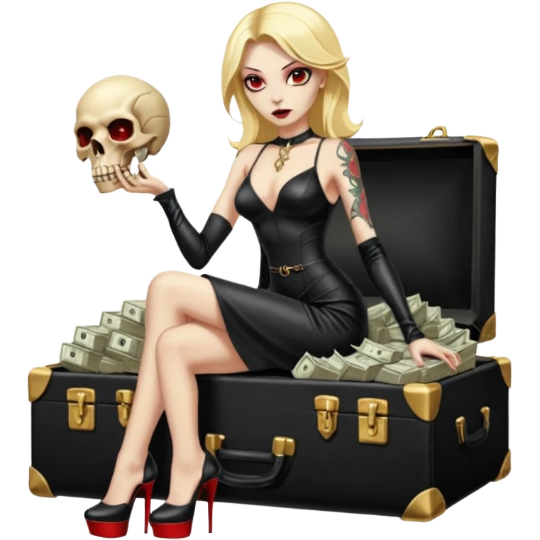 Lilith symbol red eye seductress evil shoulder length blonde haired sexy succubus woman with leather long dress with slit, sitting on a case of gold and cash. Black Platform high heels on feet. Tattoo sleeve arms, seat full of stacks of cash,  dead human skull of her enemies in her other hand emoji