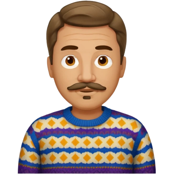 middle-aged man with medium-length wavy hair, mustache and goatee, wearing a patterned sweater, neutral expression emoji
