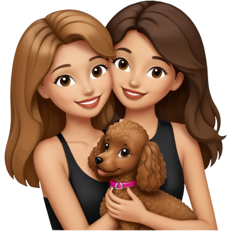 a girl with long straight balayage hair and long lashes, smiling, wearing black halterneck top, and holding and kissing a brown poodle emoji
