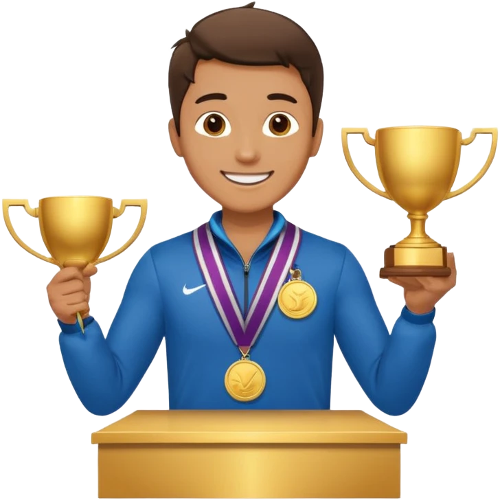 winner ceremony with one guy standing in a winner's podium and having a medal around his neck and holding a trophy emoji