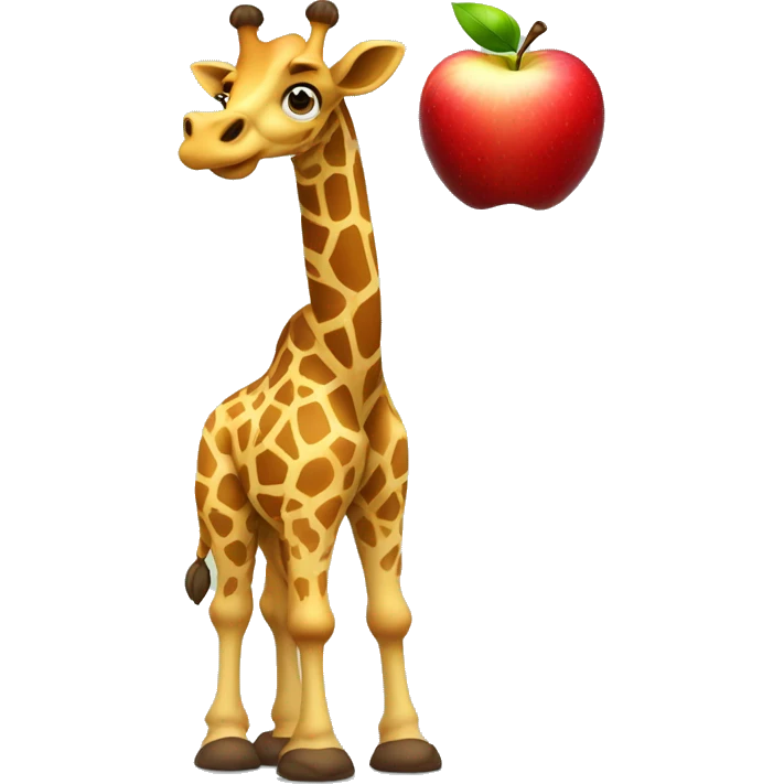 A cartoon looking Giraffe holding a giant apple with is hooves  emoji