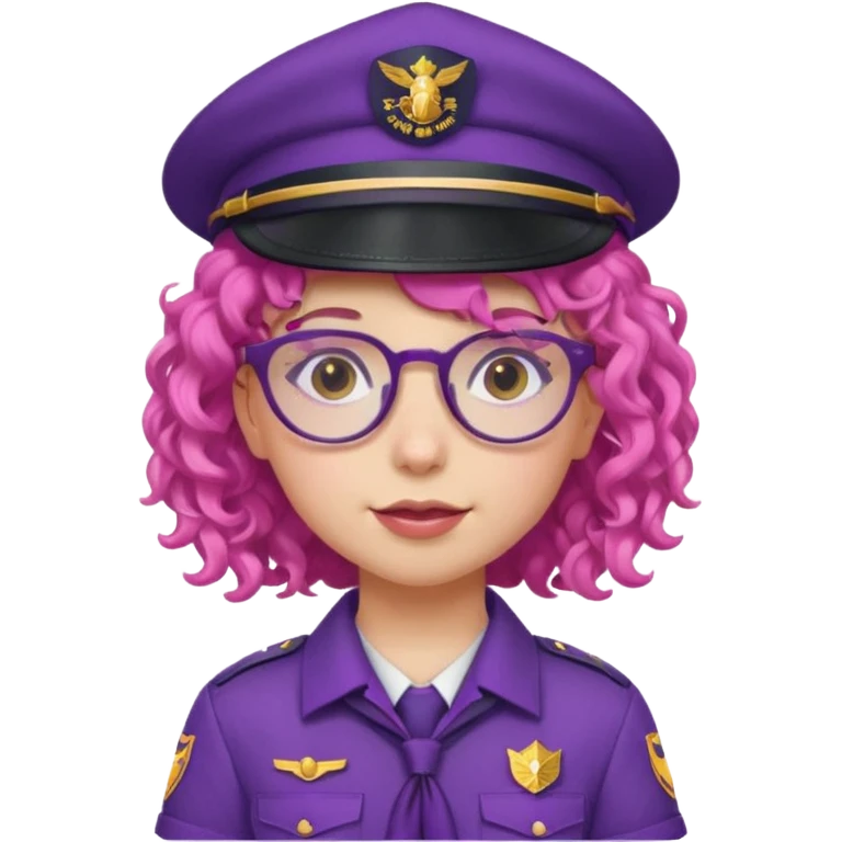 scout girl with pink curly hair and uniform and hat and glassess and purle uniform emoji