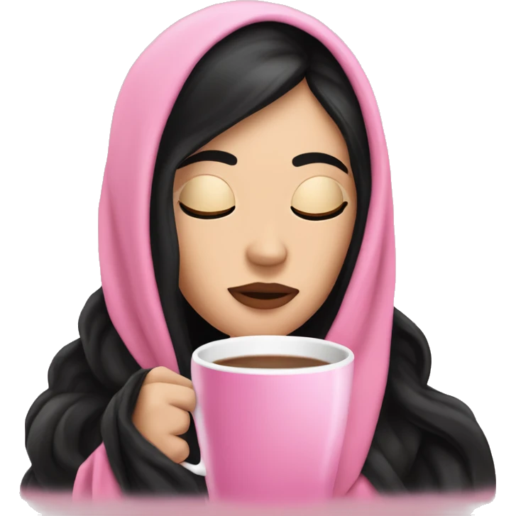 white girl with black straight hair inside a pink blanket sipping coffee eyes closed emoji