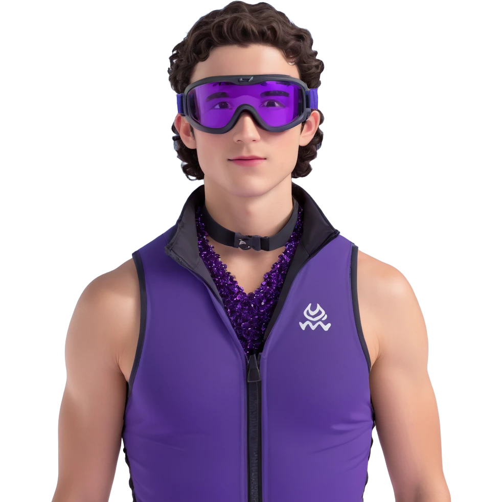 close-up of male athlete with white skin and moderately curly dark brown hair on top with shaved sides, wearing ski goggles with purple frames and very dark black lenses, a simple plain black chain necklace, and a completely unzipped sleeveless vest with purple and black sequin fire pattern design with no logo, with an arrogant smug smirk on his face, looking confident and cocky emoji