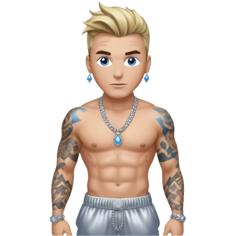 Vanilla Ice with blue eyes, dark blonde hair, shirtless with necklace, metallic silver harem pants  emoji