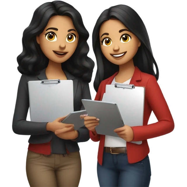 Latina with jet black hair, brunette girl, and bright red hair girl conducting surveys on clipboards and ipads emoji