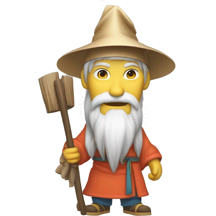 Lu Ban is a legendary figure in Chinese mythology, depicted as a clever craftsman often wearing wide robes, a broad-brimmed hat, and carrying woodworking tools. 🛠️🎩👕 emoji