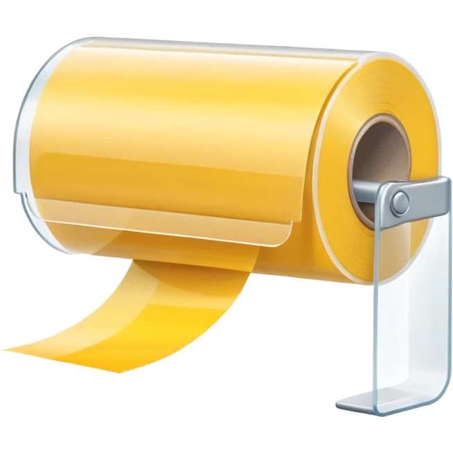 small roll of clear adhesive tape with glossy finish on simple white plastic dispenser with curved cutting edge, roll partially used with strip slightly lifted and curved, no box or extras, apple emoji style, soft lighting, subtle shadows, transparent background, emoji scale emoji