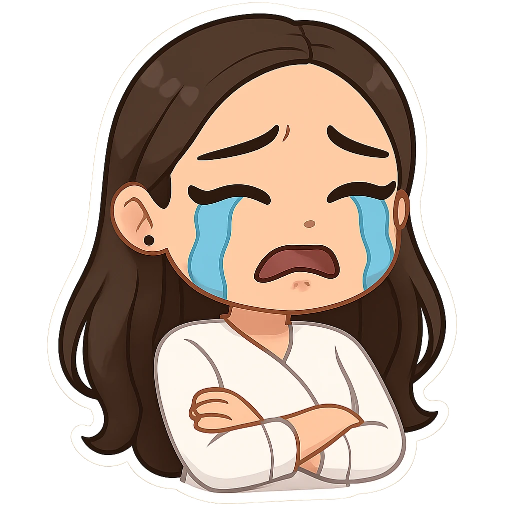 Create a chibi sticker of the girl from the reference image crying with tears. Use 3D bitmoji style with a white outline and transparent background. emoji