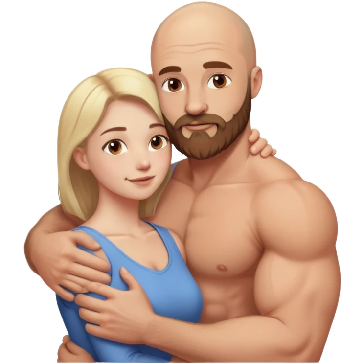 Intimate hug muscular bald man brown beard, beautiful light hair woman emoji