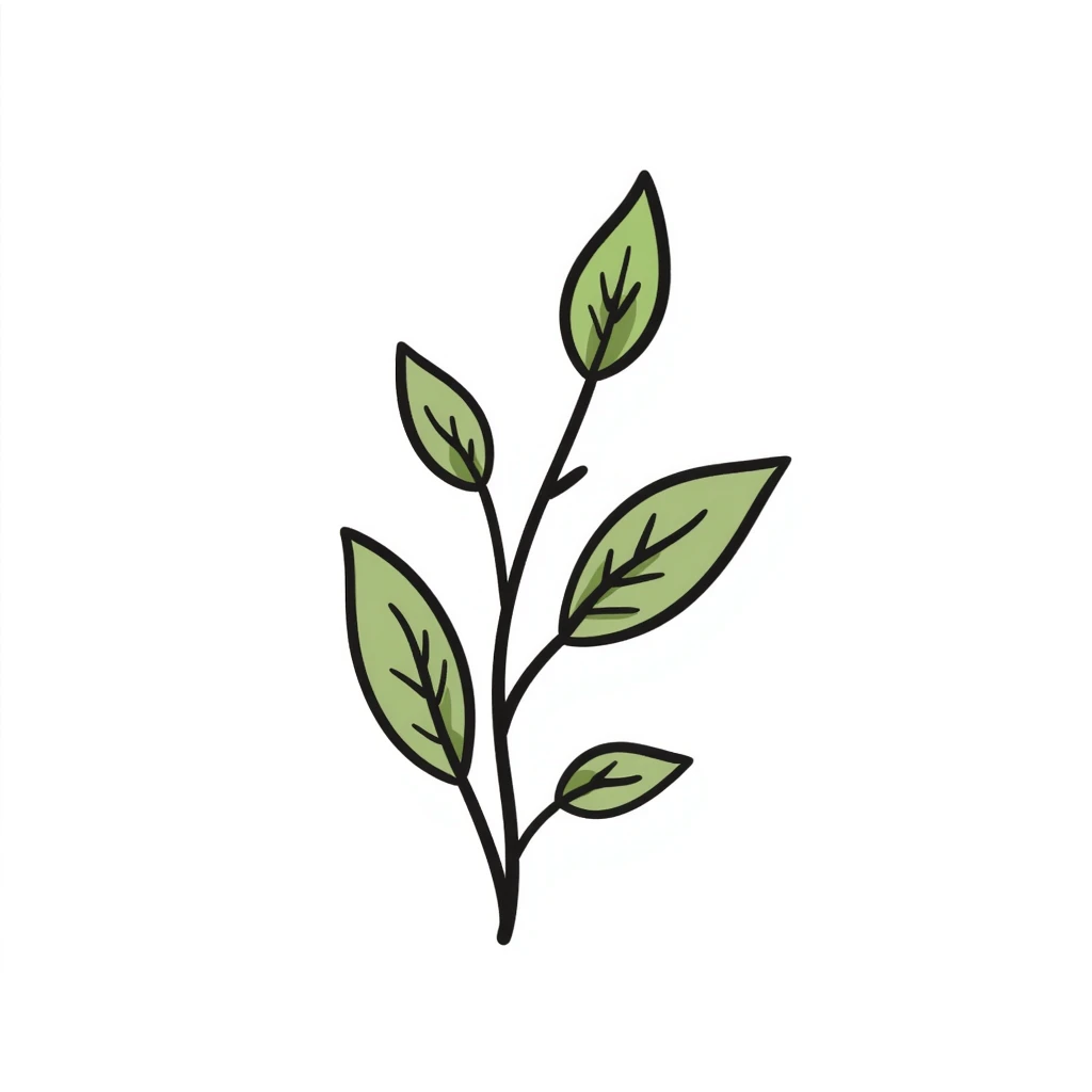 Fresh green tea buds with young leaves on a branch, hand drawn emoji