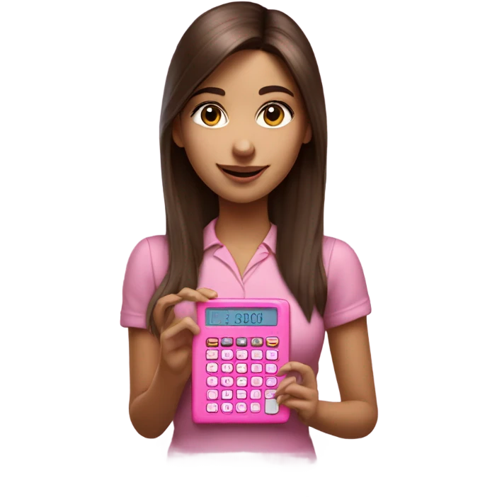 Hyper realistic pretty girl with straight brown hair holding a pink calculator emoji
