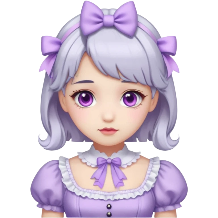 sweet lolita with silver hair, pink eyes, white skin, wearing a lavender dress emoji
