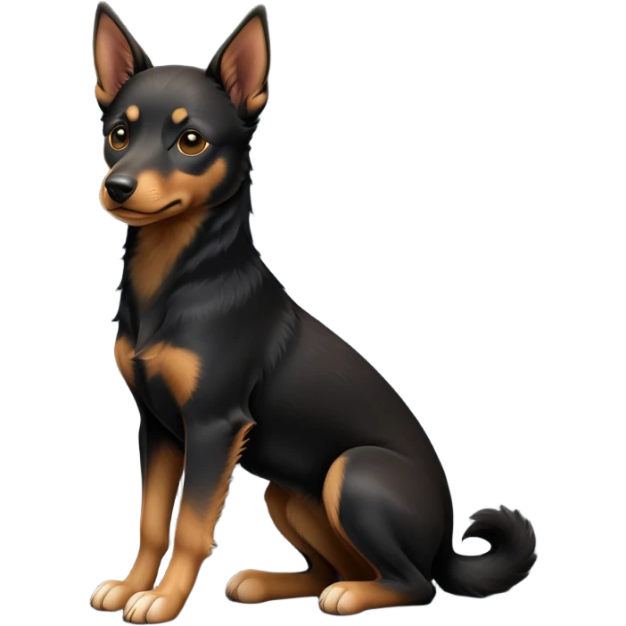 cinematic-[australian kelpie]-realistic-full-body-sitting-emoji,-tail-resting-loosely-beside-its-paws,-head-tilted-dramatically, -sleek-[Black and tan]-fur,-simplified-yet-realistic-focused-features,-highly-detailed,-glowing-with-an-almost-sarcastic-glow emoji