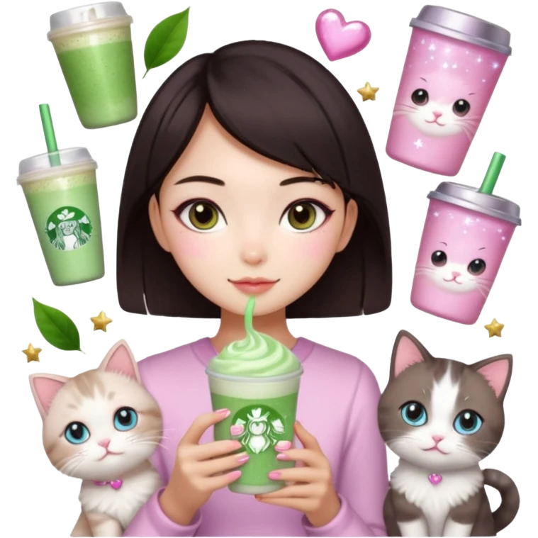 asian girl with short dark brown hair with a soft girl pink glowup aesthetic. matcha latte sparkles girly things, 2 ragdoll cats, skincare, makeup, money, luxury, add makeup and sparkles emoji