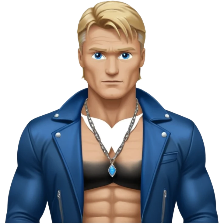 Dolph Lundgern with shirtless with necklace, blue eyes, dark blonde hair, metallic black jacket emoji