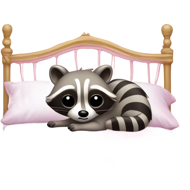 princess style bed with sleeping cute racoon wearing pink bow on head in it emoji