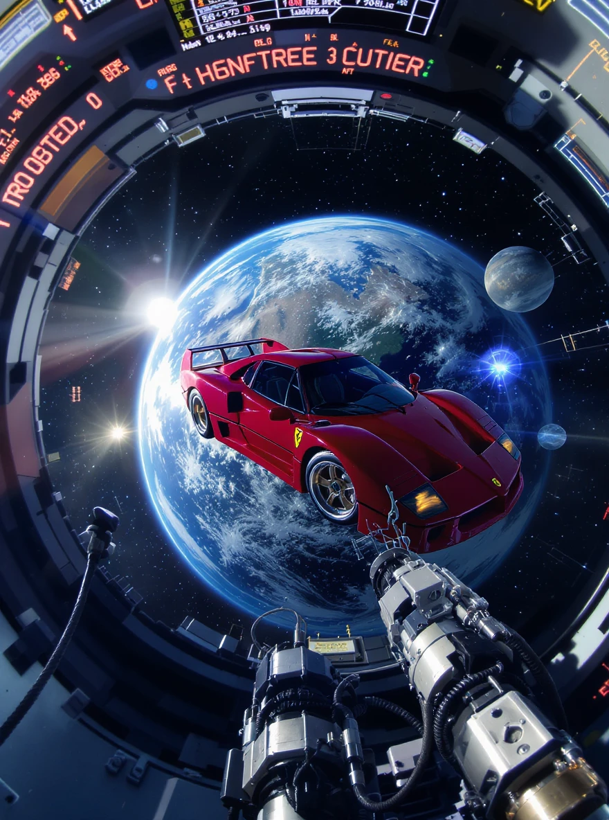 Cinematic still of a ferrari f40 floating in space, shot by space camera connect to spaceship, sun flare, big earth in background, captured by gopro hero with effect fisheye emoji