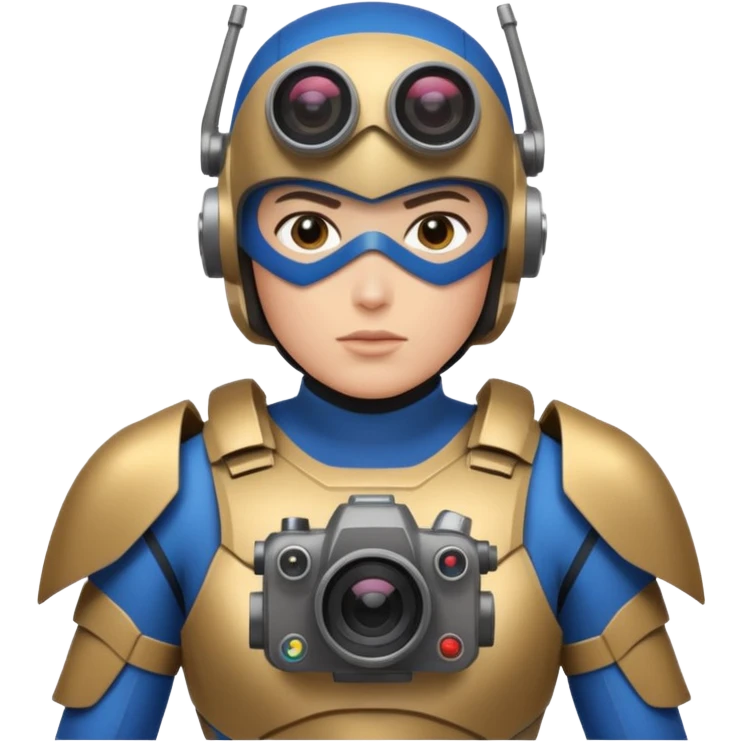 Un photographe high tech du futur, avec du matériel, une armure de terrain à la super héro. Il a des appareils photos, des caméras embarquées et un drone  emoji