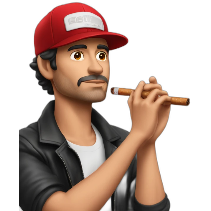 Actor Eduardo Gómez con un cigarrillo en la mano y con una gorra roja con un texto que diga "ignorante de la vida" emoji
