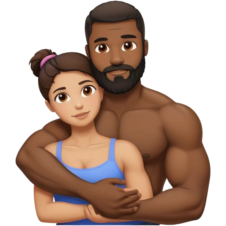 Black man with facial hair and muscles hug small pretty brunette woman emoji