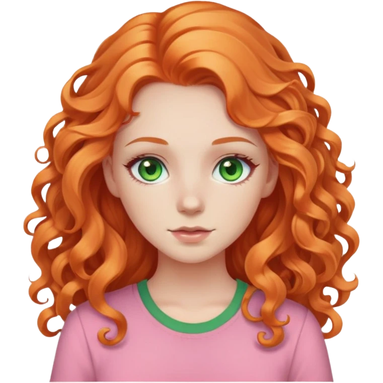white pale girl with long curly orange hair, green eyes, pink shirt emoji