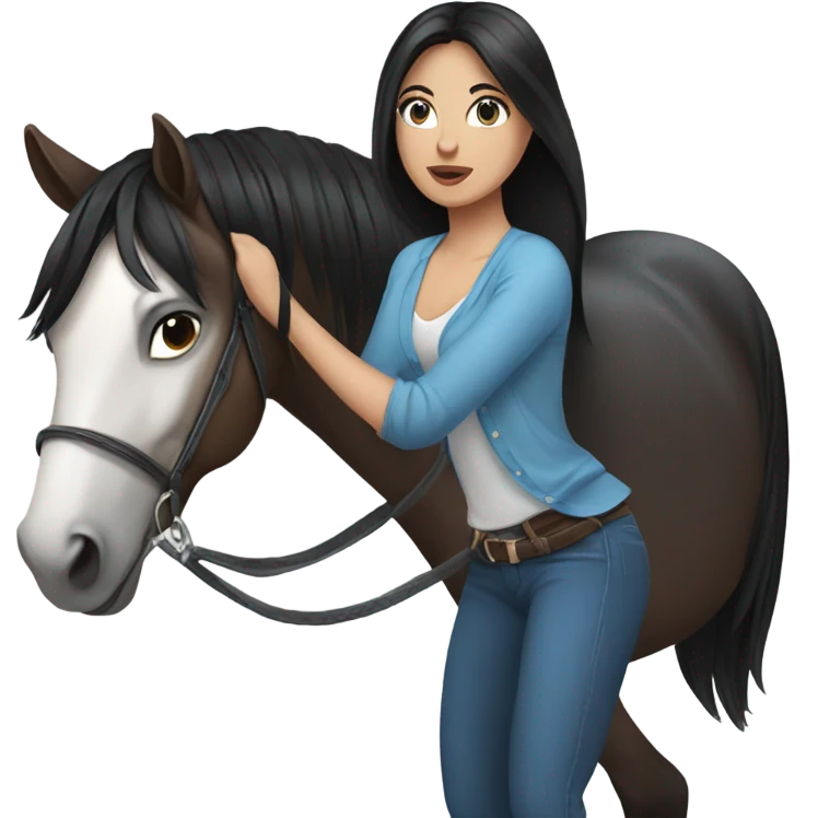brunette with blue eyes and long black straight hair lunging horse  emoji