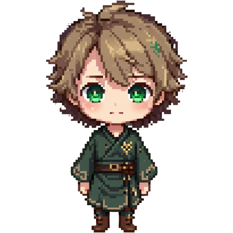 Young Rudeus Greyrat chibi, big green eyes, round face, messy light brown hair, wearing a tunic, cute and curious anime style emoji