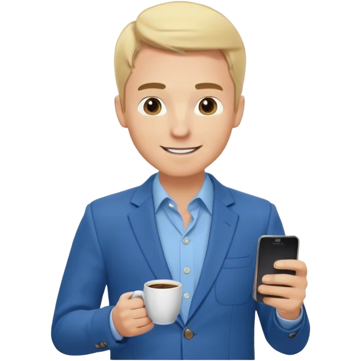 Confident and outgoing male entrepreneur, Caucasian features, blonde hair, big friendly smile, expressive eyes, defined eyebrows, wearing a blue blazer over a light blue shirt, holding a smartphone in one hand and a coffee cup in the other, waist-up, front-facing emoji