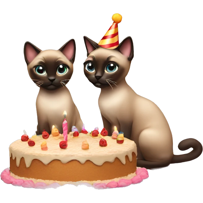 two siamese cats at a birthday party eating cake emoji