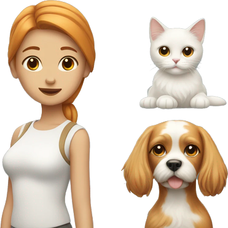 A girl with Maltese dog with ginger cat side by side  emoji