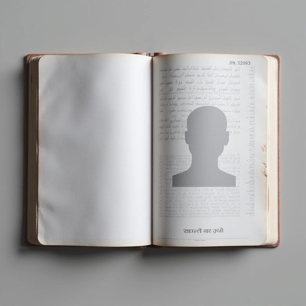 realistic Indian passport, open to the photo page, showing a blank template emoji