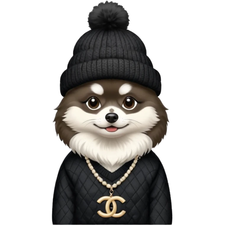 Black and white pomeranian wearing coco chanel Sweater and hat emoji