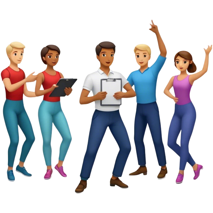 Icon for Choreography: a dance floor with a choreographer holding a clipboard, giving instructions to a group of dancers in motion. The icon should capture the art of movement and direction in dance. Transparent background. emoji
