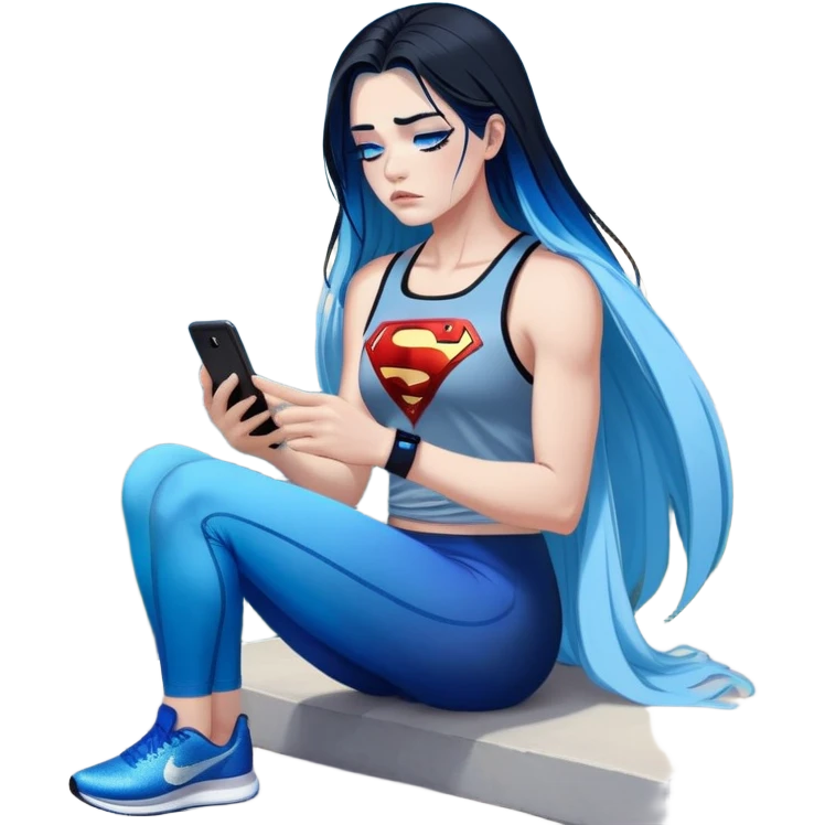 Shameful disappointed crying-very very very very big chest-texting on a samsung cell phone-very long straight flowing black to sky blue hair ombre-blue eyes-black eyeliner-long eyelashes-plastic sparkling sky blue very low cut tank top with sparkling superman logo-black leggings-nike sneakers emoji