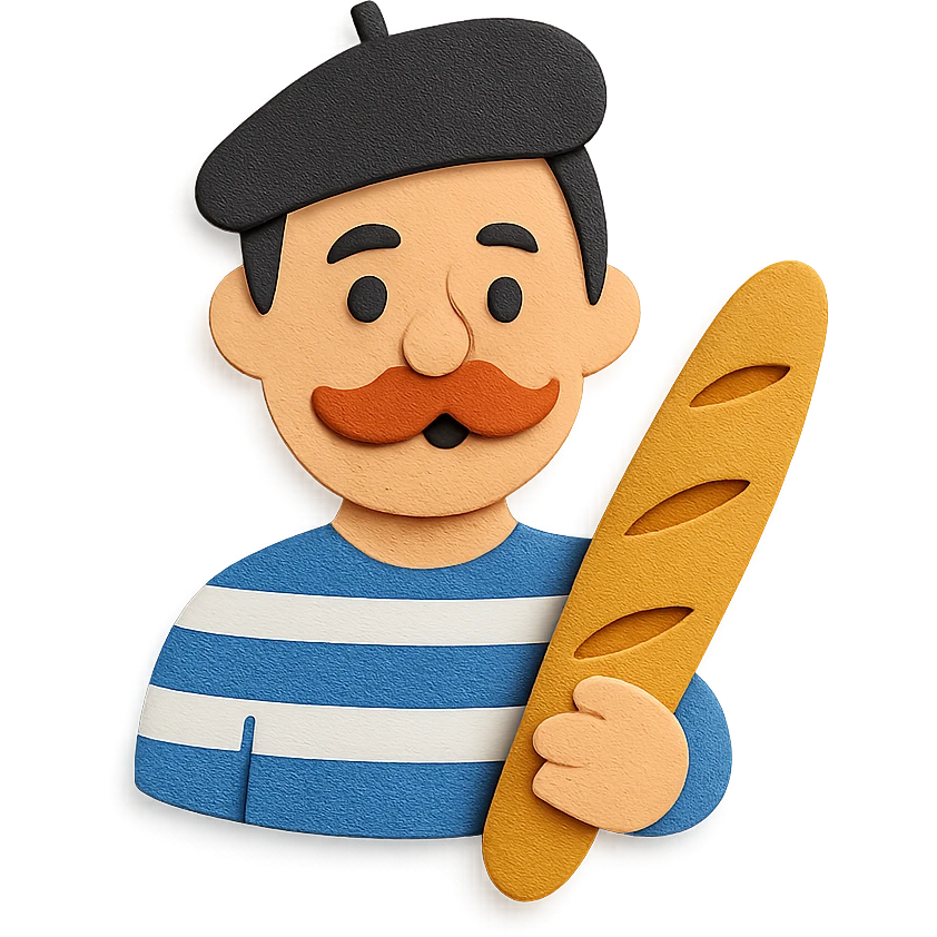 French man with blue and white striped shirt, black beret, holding a baguette emoji
