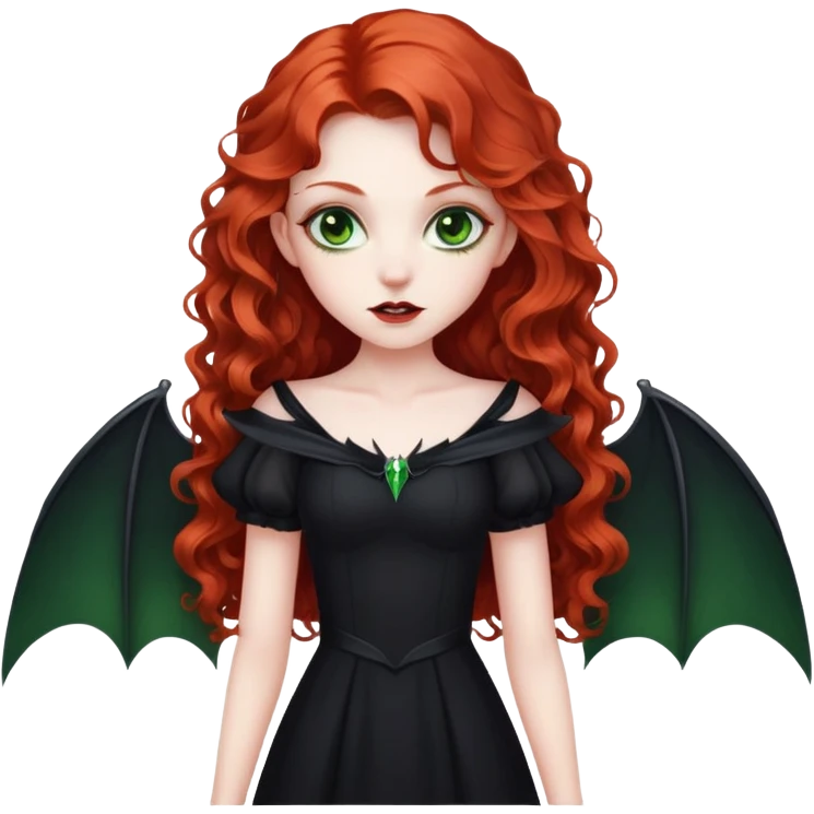 vampire girl with long curly red hair and green eyes, in a black with bat wings emoji