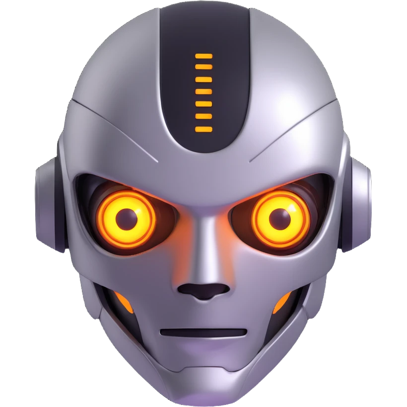 AI-themed emoji, futuristic robot face, glowing eyes, metallic finish emoji