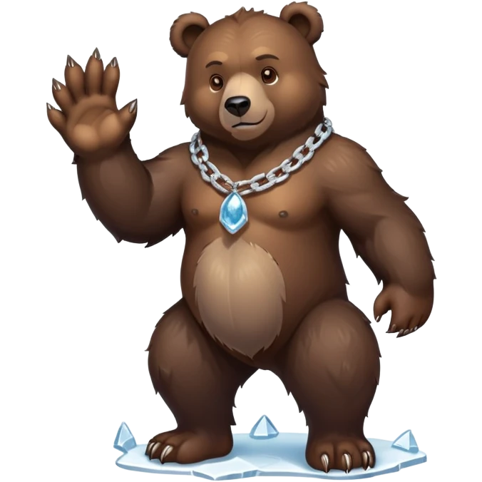 Full-body dark brown bear with rich detailed fur, entire bear shown realistically on four paws, stern look, ice chain necklace, natural stance emoji