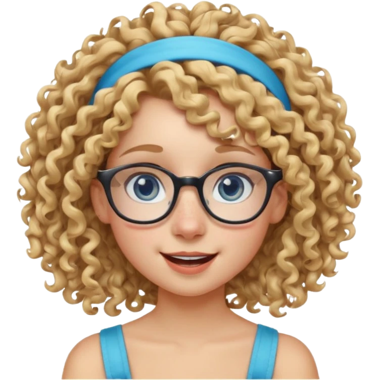 blond kid with unique face features and very curly hair kid girl happy and big glasess and big nose and very blue eyes and headband with freckles emoji