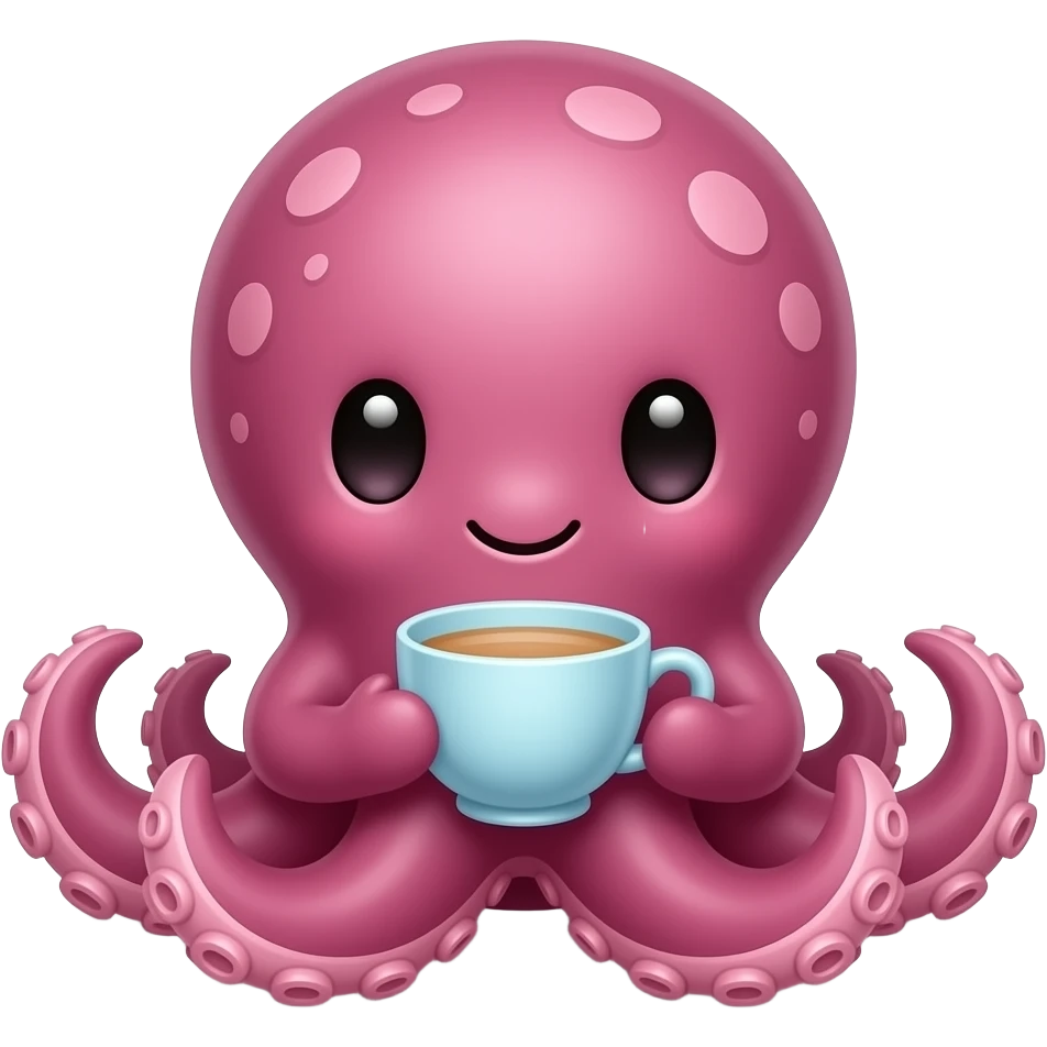 Cute octopus sitting low, holding a glass teacup, front-facing whimsical pose emoji