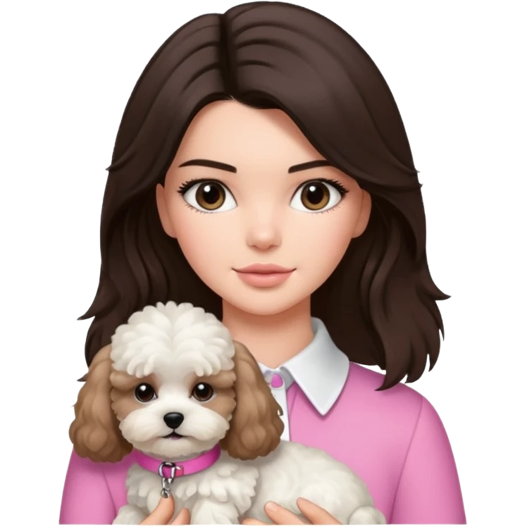 brunette Kendall Jenner with long hair holding on the hands white maltipoo wear on pink collar emoji