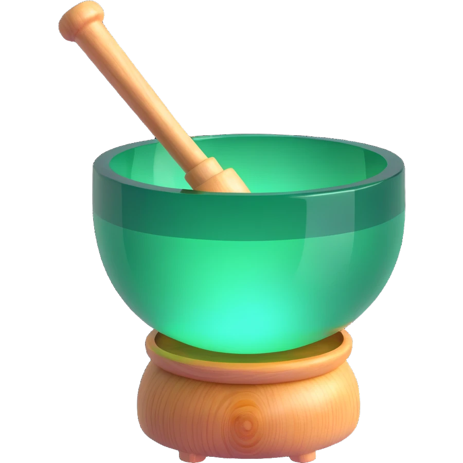 green crystal singing bowl with a wooden mallet inside, glowing effect, simple and modern emoji