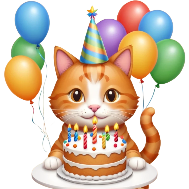 Ginger cat celebrates birthday, birthday hat, birthday cake, balloons, happy emoji