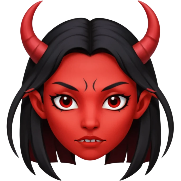 Head only demon girl; face with pronounced cheekbones and angular jaw; skin is uniform pure red (#FF0000) everywhere; long straight smooth black hair; small horns emoji