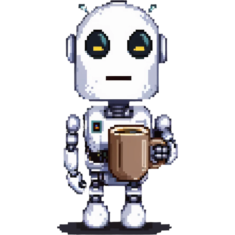A sleepy robot with droopy eyes holding a coffee mug, looking exhausted emoji