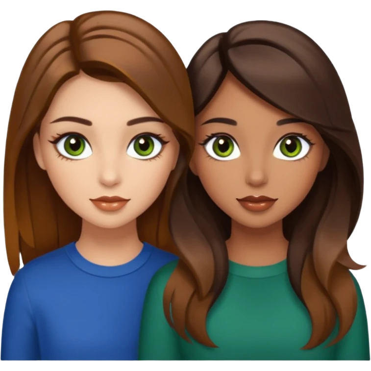 Brunette girl with caramel balayage skin tone tan hazel eyes but more brown, but also green fall lips, long eyelashes and her best friend also brunette with caramel balayage green eyes, but little bit blue also long eyelashes and ￼￼￼￼ not too much tan￼ emoji