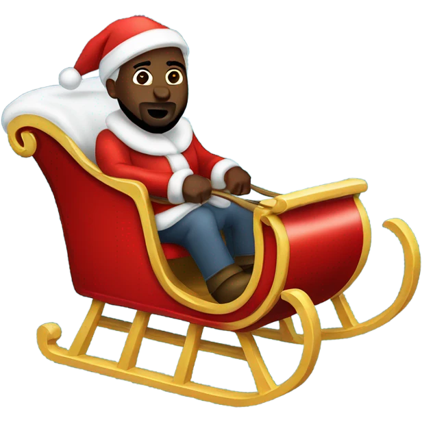Kanye west riding a sleigh with a Santa hat on. Passing out gifts emoji