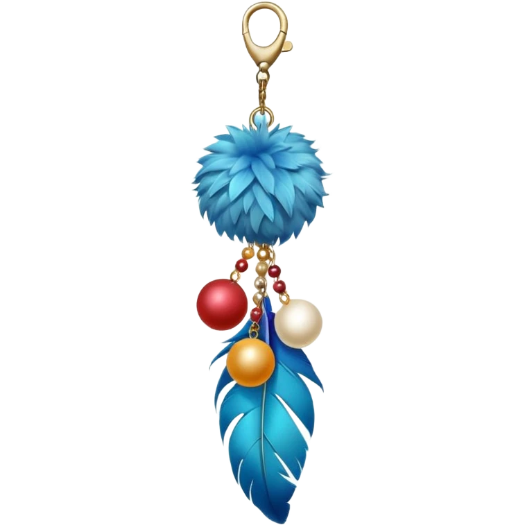 Keychain with big hanging feather and beads and soft fluffy big Pom-pom-balls attached    emoji