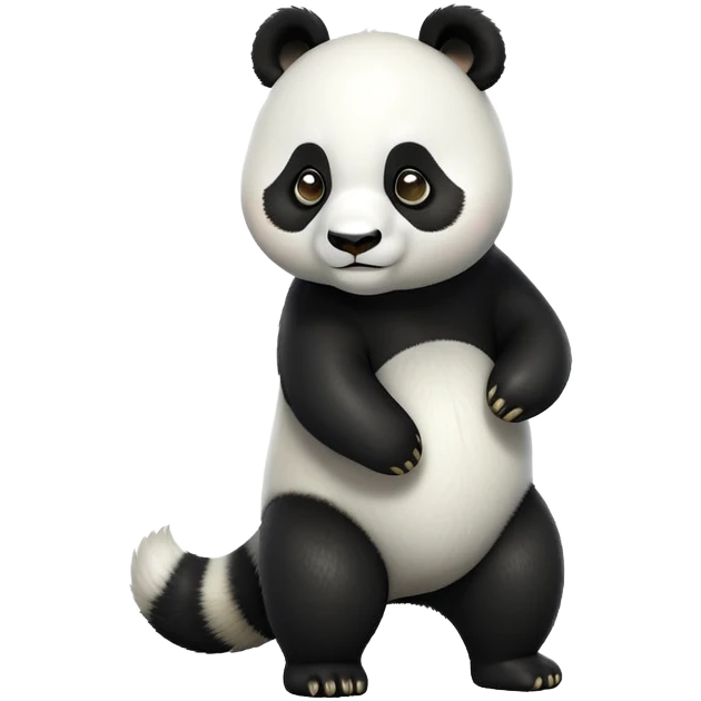 cinematic-[panda bear]-realistic-full-body-standing on all fours-emoji,-tail-tucked-close,-head-tilted-dramatically,-thick-[black and white]-fur,-simplified-yet-realistic-focused-features,-highly-detailed,-glowing-with-an-almost-sarcastic-glow emoji